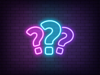 Outline 3 neon questions, colorful icon. Glowing neon question marks, answer searching, FAQ support, questionnaire. Find problem decision. Quest, puzzle and quiz. Unknown surprise, secret, mystery