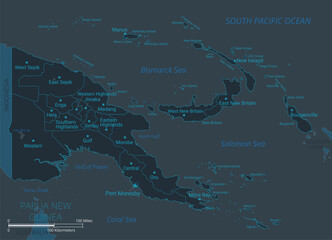 Papua New Guinea map. High detailed map of Papua New Guinea with countries, borders, cities, water objects. Vector illustration EPS10