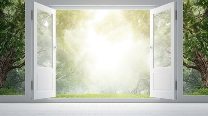 Blank clean white wall in daylight open door leading into a lush forest