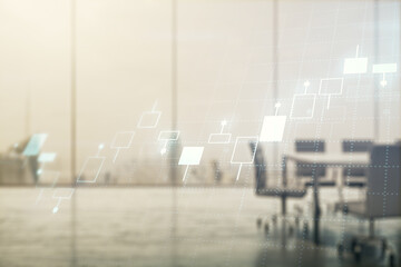 Multi exposure of abstract virtual financial graph hologram on a modern conference room background,...