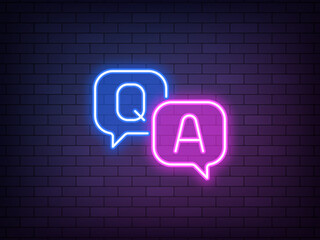 Outline neon Q&A, blue purple icon. Glowing neon Questions and Answers sign with speech bubble, business FAQ. Expert help, client assistance service, customer support chat. Advice and solutions
