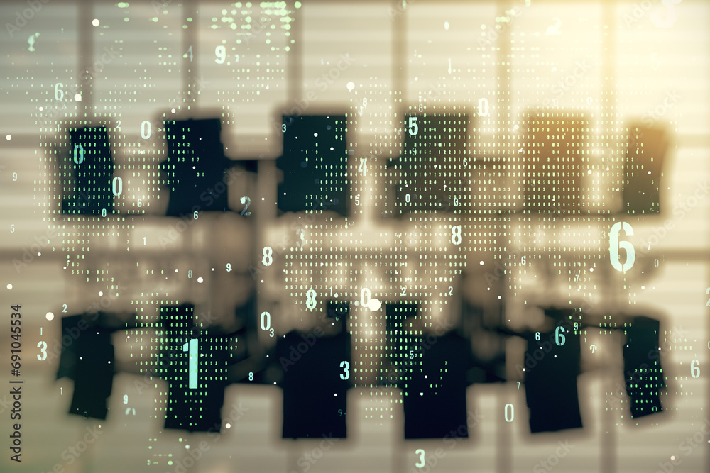 Aufkleber multi exposure of abstract software development hologram and world map on a modern meeting room back