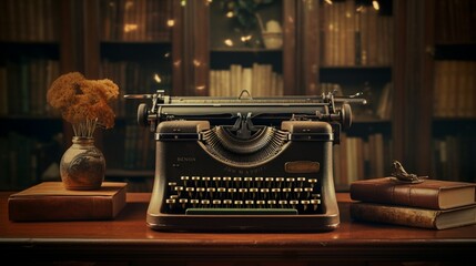 Fototapeta na wymiar a visual of a vintage, retro typewriter on a wooden writing desk