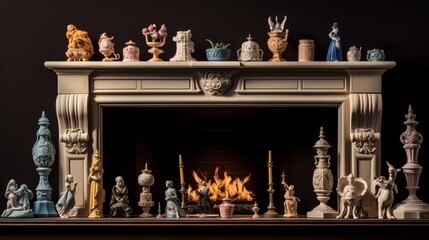 a visual of a set of ceramic figurines displayed on a mantelpiece