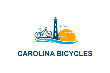 Cycling sport logo on the north carolina coast, with sunset views and lighthouse building. - obrazy, fototapety, plakaty