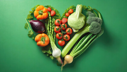 Heartshaped fresh veggies on a green backdrop.