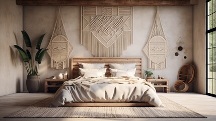 a visual of a bohemian-style macrame wall hanging in a bedroom