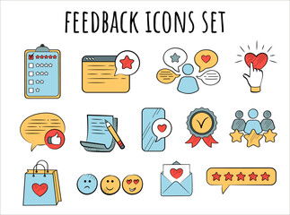 Feedback, review, rating, five stars, like. Cute vector doodle-style color icons set.