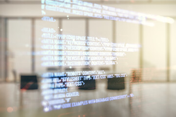Multi exposure of abstract software development hologram on a modern meeting room background,...
