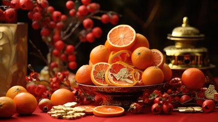 Decorations for Chinese New Year made from red packets, oranges and gold ingots with the character 'fu' meaning fortune, good luck, wealth and money flow. 