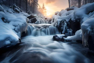 Foto op Plexiglas Eiskalter Zauber: Winterliche Langzeitbelichtung eines majestätischen Wasserfalls in der Berglandschaft © Seegraphie
