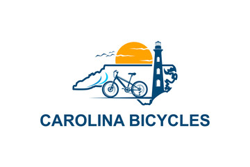 Cycling sport logo on the north carolina coast, with sunset views and lighthouse. - obrazy, fototapety, plakaty