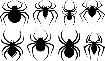 spider silhouettes. Spiderweb for Halloween design. Spider web elements, black Illustration in various themes. Hand drawn collection V3.