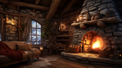 Fototapeta na wymiar a picture of a cozy, rustic log cabin interior with a stone fireplace