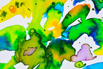 Fototapeta na wymiar Abstract watercolor background, spots in blue, green and yellow color on white.