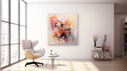 a picture of a contemporary, abstract painting hanging on a white wall