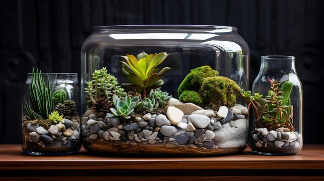 a picture of a contemporary, glass terrarium with succulent plants on a shelf