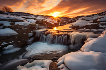 Obraz premium Eiskalter Zauber: Winterliche Langzeitbelichtung eines majestätischen Wasserfalls in der Berglandschaft