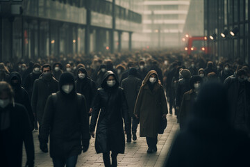 anonymous crowd of people walking on a city street - obrazy, fototapety, plakaty