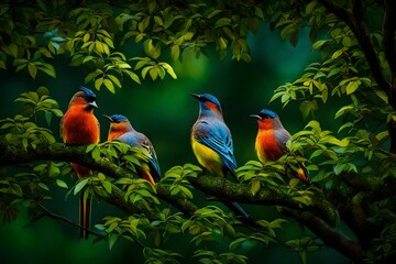 A tranquil sight of chirping birds nestled among lush, leafy branches, beautifully illuminated to highlight their vivid plumage and the lushness of the trees  - obrazy, fototapety, plakaty