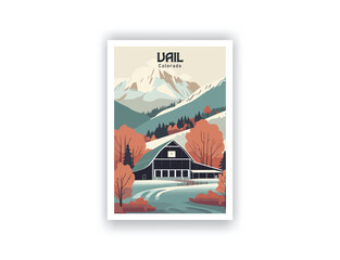 Vail, Colorado Vintage Travel Posters. Vector illustration, art. Famous Tourist Destinations Posters Art Prints Wall Art and Print Set Abstract Travel for Hikers Campers Living Room Decor
