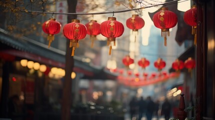 Fototapeta na wymiar In an auspicious atmosphere, a red lantern is hung high on the street scene in Yau Ma Tei, where Chinese people in traditional casual clothes are celebrating the New Year, 