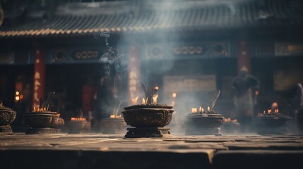 In front of an ancient temple, Chinese people piously burn incense and pray for blessings, and the atmosphere is solemn and solemn, capture photography, photo grade, FHD, high detail  - obrazy, fototapety, plakaty