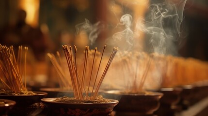 Incense is flourishing in the Buddhist temple, where monks are chanting sutras, Side view, depth of field control method, Impressionism, 16k, high detail