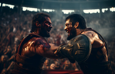 Fight between gladiators, angry and wounded face of attacking gladiators, dramatic composition, captured in amphitheater full of people