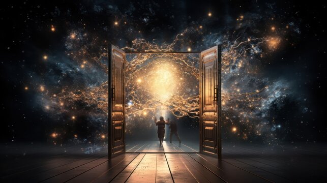 Interconnected internet particle particle world, through a door, cisualization of intrnet, interconnected particle sculptures in the middle, particles ,