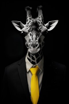 High resolution HD photo portrait of a giraffe with a necktie, black background, detailed, generative AI