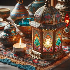 Colorful garland of traditional oriental Arabic lanterns for Ramadan Kareem
