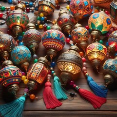 Colorful garland of traditional oriental Arabic lanterns for Ramadan Kareem
