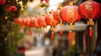 Red and gold lanterns hanging on a street, in the style of eastern and western fusion, feminine...