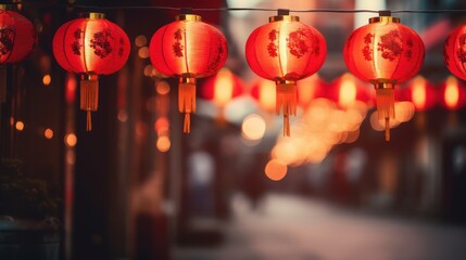 Red chinese lanterns in evening on street chinese new year celebration concept. lantern, chinese,...
