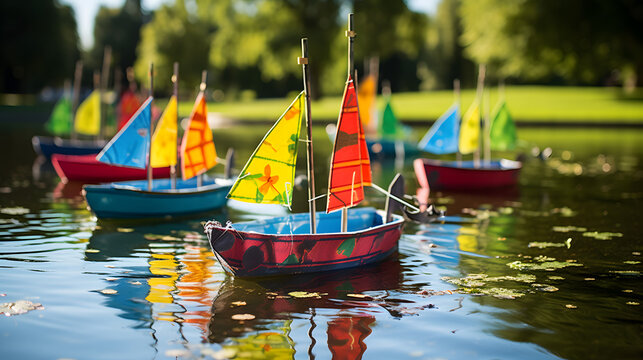 Childrens Handmade Boats With Colorful Sails Racing In A Parks Pond.