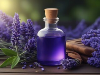 Obraz na płótnie Canvas A serene image featuring essential aromatic oil, particularly soothing lavender, highlighting natural remedies for relaxation and holistic wellness in a tranquil setting.