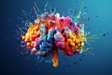 Creative art brain explodes with paints with splashes on a blue background, concept idea