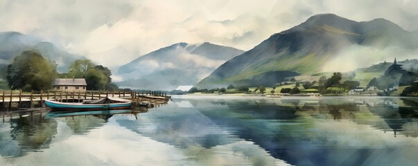 Digital watercolor painting of Panorama landscape rowing boats on lake with jetty against mountain background, Generative AI 