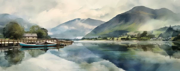 Foto op Plexiglas Digital watercolor painting of Panorama landscape rowing boats on lake with jetty against mountain background, Generative AI  © Pixel Paradise