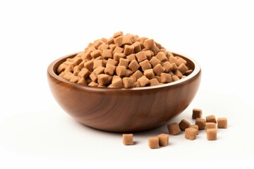 Brown kibble pieces for cat feed in a metal bowl isolated on white background. Healthy dry pet food