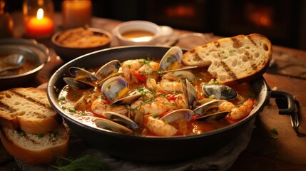 Closeup of Bouillabaisse Seafood Soup. Generative Ai. - obrazy, fototapety, plakaty