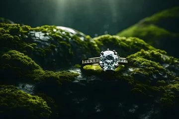   A diamond ring on a mossy rock, connecting nature and luxury © shafiq