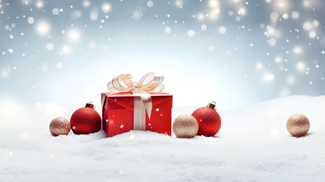 Panoramic image of gift box and red christmas balls on snow