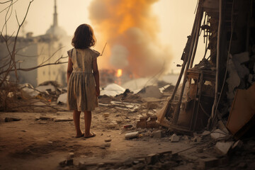 The little orphan girl is crying in front of building destroyed by a missile attack - obrazy, fototapety, plakaty