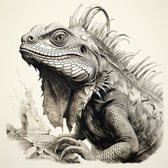Iguana on rock, unusual spectacular reptile, black and white drawing, engraving style, close-up portrait - obrazy, fototapety, plakaty