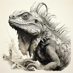 Fotobehang Iguana on rock, unusual spectacular reptile, black and white drawing, engraving style, close-up portrait © Dmitry