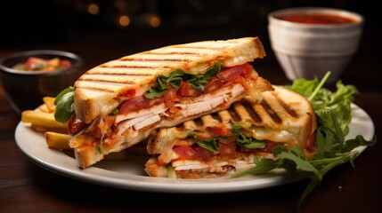 Pressed club sandwich with chicken, tomato, and cheese. Generative Ai. - obrazy, fototapety, plakaty