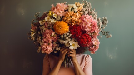 The girl covered her face with a bouquet of flowers.