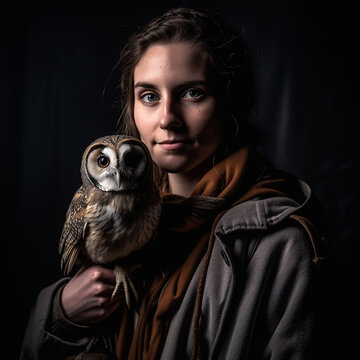 Woman and owl. A young brunette woman with large bulging eyes holds an owl on her hand, the owner and the pet look similar